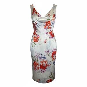 Pendleton 100% Silk Sheath Dress Size 8 Ivory Red Floral Knee Length Lined